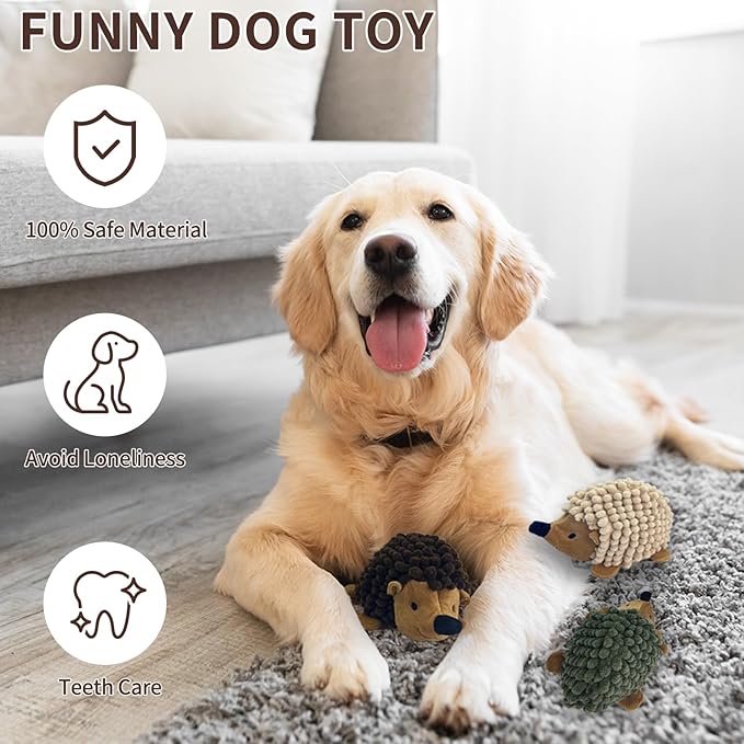 Plush Hedgehog Dog Toys 3 PCS - Squeaky No-Stuffing Hedgehog for Small and Medium Dogs - Keep Your Puppy Busy with Multi-Colored Interactive Toys for Aggressive Chewers