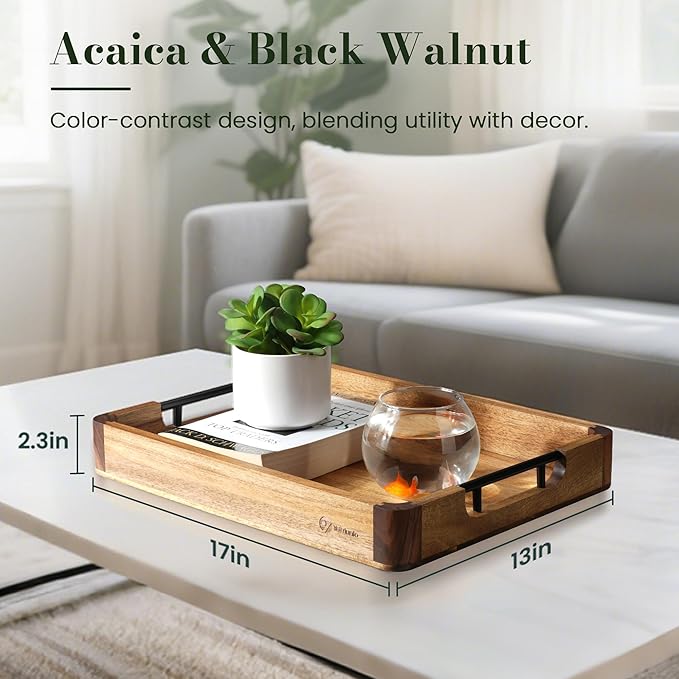 Wood Serving Tray with Handles, 17"x13" Large Decorative Ottoman Tray for Coffee Table, Walnut and Acacia Wooden Serving Trays for Party, Home Decor Rectangular Platters with 3 Silicone Mats