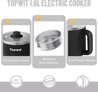 Topwit Hot Pot Electric with Steamer, 1.6L Ramen Cooker, Electric Pot
