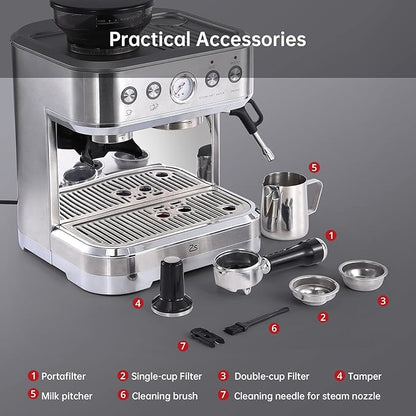 IDEALHOUSE Espresso Machine 3-in-1, Built-in Grinder and Milk Frother,