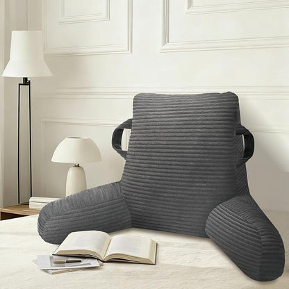 ABROLOY Reading Pillow for Sitting in Bed Adult, Bed Reading Pillow with Shredded Memory Foam, Back Pillow for Sitting with Arms and Pockets, Gery