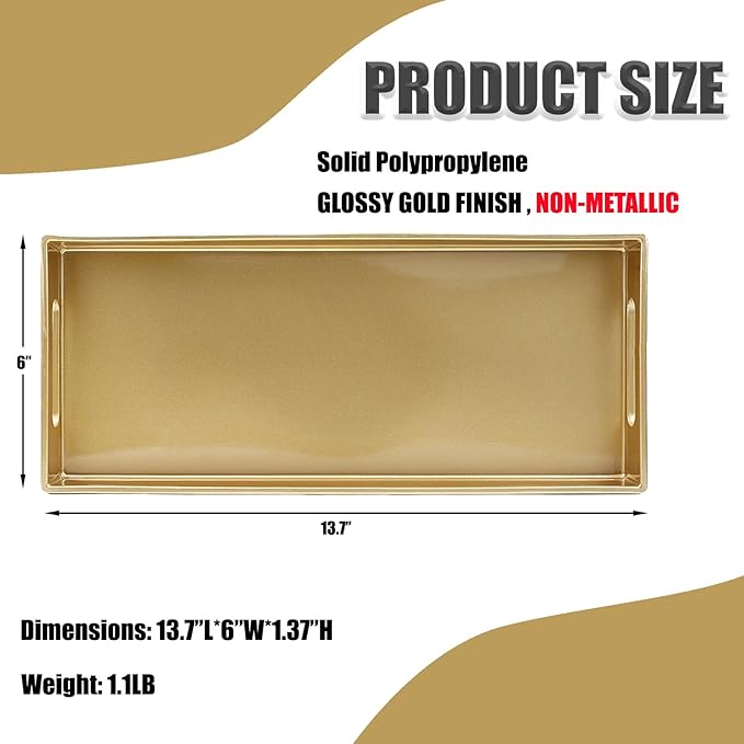 Plastic Gold Vanity Tray with Handles, Small Decorative Tray Desktop Storage Organizer for Bathroom, Living Room, 13.7"*5.9"*1.37"