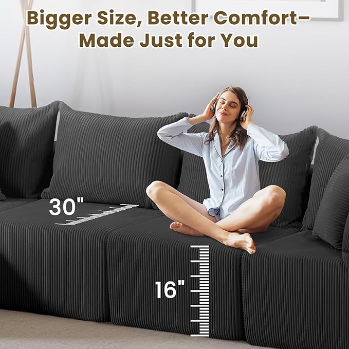 Oversize 131” Boneless Couch for Living Room, Comfort L Shaped Cloud Couch Sectional, Extra Deep Seats Corduroy Modular Sectional Sofa No Assembly,Black