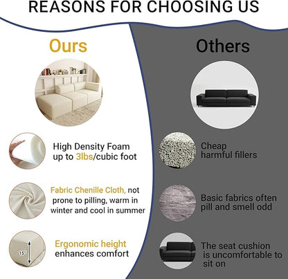 106" Sectional Compressed Sofa Modular Couches,High-Density Foam No Assembly Required,3-Piece(1xCorner 1xArmless 1xOttoman) for Living Room, Chenille Beige White