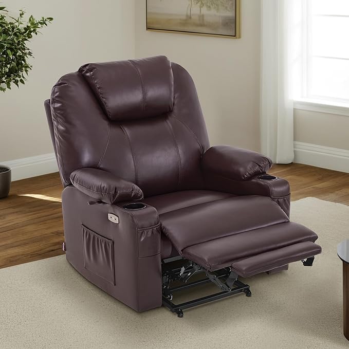 MCombo Oversized Power Lift Recliner Chair for Elderly, Lift Chair with Heat and Massage for Big and Tall, USB&Type C Ports, Cup Holders, Faux Leather R7510 (Dark Brown, Large-Wide)