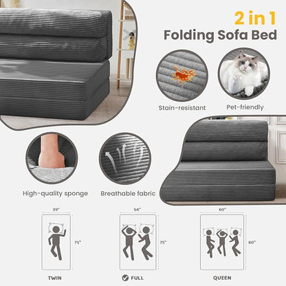 Folding Sofa Bed, Convertible Sleeper Chair with Pilow Foldable Matress, 2 in 1 Pull Out Loveseat Sofa Portable Fold Out Chair Bed Floor Couch Lounge for Living Room Bedroom (Grey, Queen)