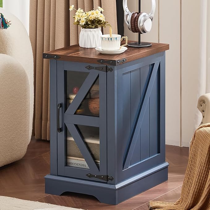 Farmhouse Coffee Table Sets 3 Pieces, Narrow Night Stand with Glass Barn Door Storage, Large Coffee Tables with Hidden Storage Organizer, Wood Furniture Sets for Living Room, Office, Blue