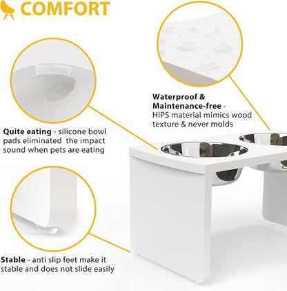 Elevated Dog Bowls, Waterproof Raised Dog Bowl for Medium & Large Dogs, HIPS Poly Lumber Stand with 2 Stainless Steel Bowls, Indoor & Outdoor Use (10'' Tall–48 oz Bowl, White)
