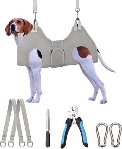 Dog Grooming Hammock Harness, M-Large Dog Hammock for Nail Trim, Gray Dog Restraint for Nail Clipping,Dog Grooming Sling Thick Neck Support