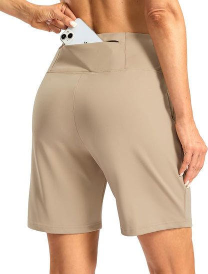 Women's Athletic Shorts with Zipper Pocket 7" High Waisted Stretchy Bermuda Shorts for Women Workout Running Casual