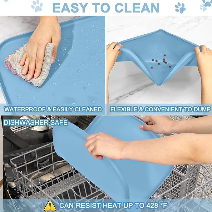 SMILOOL Waterproof Silicone Pet Food Mat with Raised Edge for Dog & Cat | 22" x 14" Non-Slip Pet Feeding Mats with Lip for Food & Water Bowl, Food Grade, Easy Cleaning, Light Blue