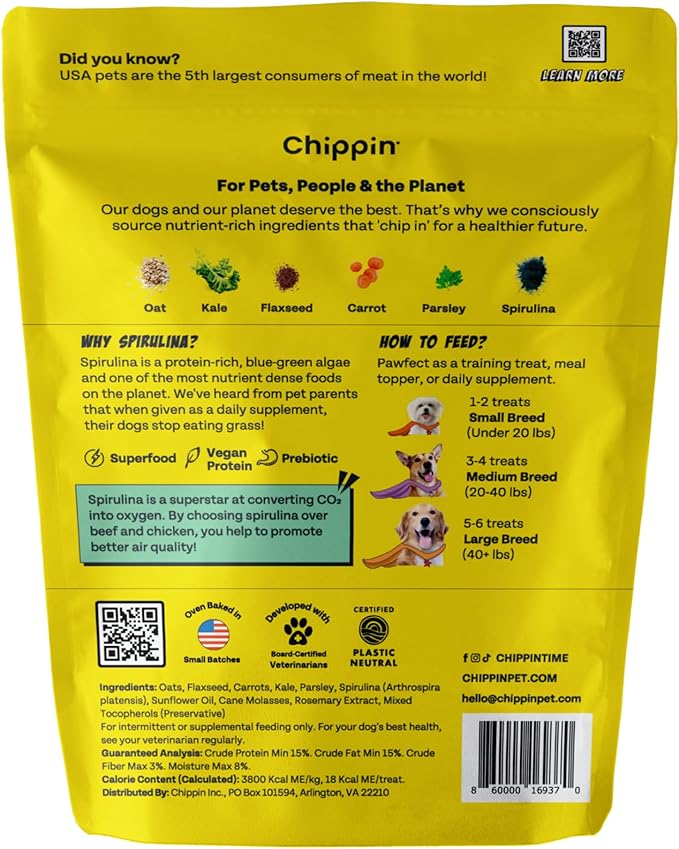 Chippin Healthy Dog Treats with Kale, Carrots, & Spirulina, Crunchy Vegan Biscuit, All-Natural, Hypoallergenic Gift for Dog Lovers, Gentle on Sensitive Stomachs, Gut Healthy Meal Topper, 2-Pack
