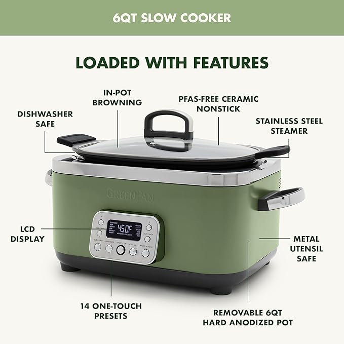GreenPan Elite 14-in-1 Nonstick 6QT Electric Slow Cooker, PFAS-Free Ceramic