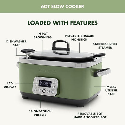 GreenPan Elite 14-in-1 Nonstick 6QT Electric Slow Cooker, PFAS-Free Ceramic