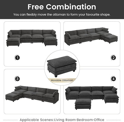 ROWHY Oversized Modular Sectional Couch with 2 Movable Ottoman, 148" Modern Convertible U Shaped Sofa Set, 4 Seat Comfy Cloud Couch with 2 Throw Pillows, for Living Room, Chenille, Charcoal Grey