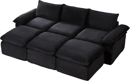111" Cloud Sectional Couch, Corduroy Sectional Sofa with Ottoman, Boneless Couch with Deep Seat in a Box for Living Room, No Assembly Required (Black)
