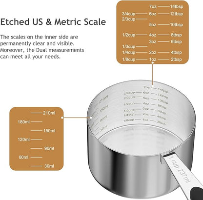 2PCS 1CUP(237ml) Dog Cat Food Scoop, Stainless Steel Measuring Cup, Metal Pet Scooper with Inner Precision Scale Measurement