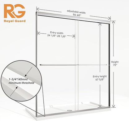 Sliding Shower Door, Royal Guard 56-60" W x 70" H Semi-Frameless Double Sliding