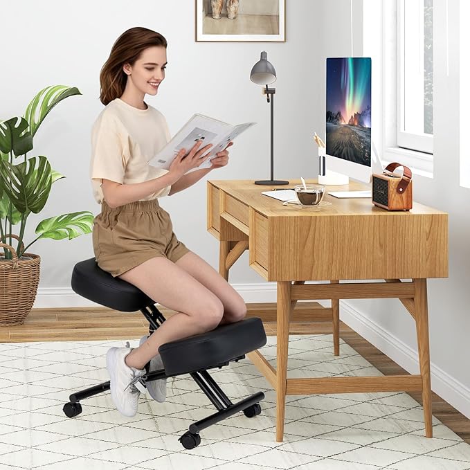 Giantex Ergonomic Kneeling Chair for Office, Knee Stool Chair w/Adjustable Height and Seat Angle to Relieve Pain, Posture Desk Chair w/Lockable Universal Wheels, Thick Padded Cushions, Black (2)
