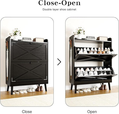 Shoe Storage Cabinet with 2 Flip Drawers & Adjustable Shelves, Freestanding