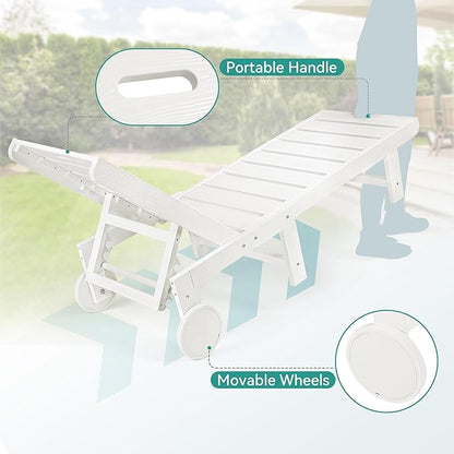 Homenjoy Outdoor Chaise Lounge Chairs with Table, 2-Piece, 26.8” Super Wide Lounge Chair Outdoor, HDPS Pool Chairs with 5 Positions, Patio Lounge Chair with Wheels for Pool,Lawn,Backyard, White