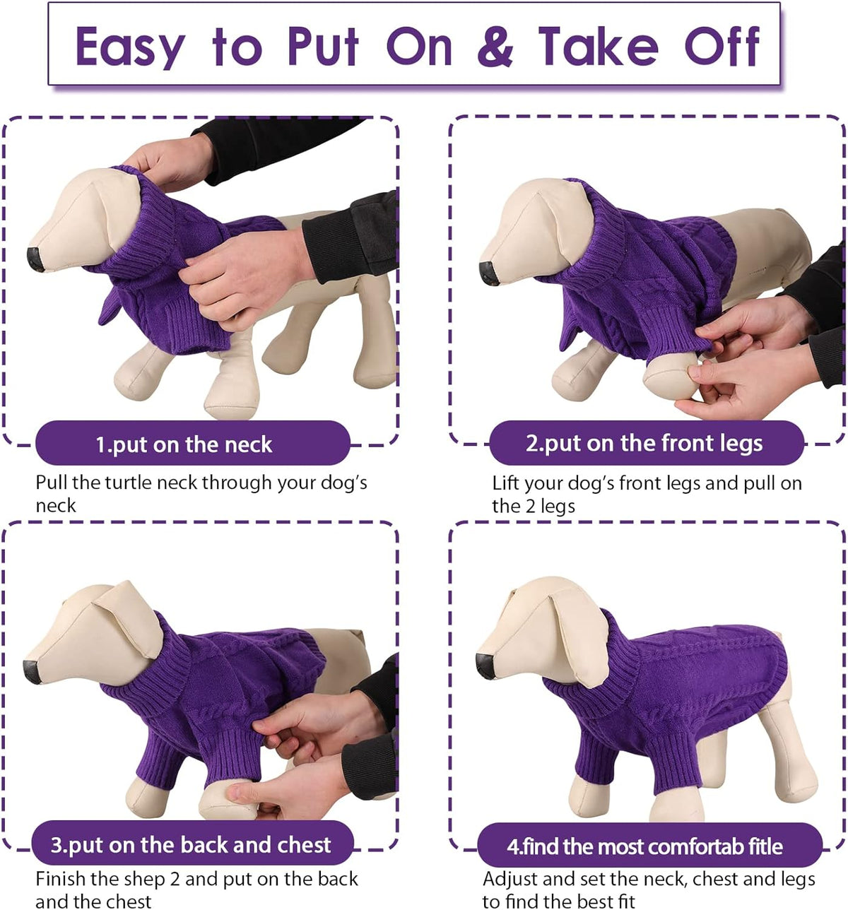 Queenmore Small Dog Pullover Sweater, Cold Weather Cable Knitwear, Classic Turtleneck Thick Warm Clothes for Chihuahua, Bulldog, Dachshund, Pug (Purple, Large)