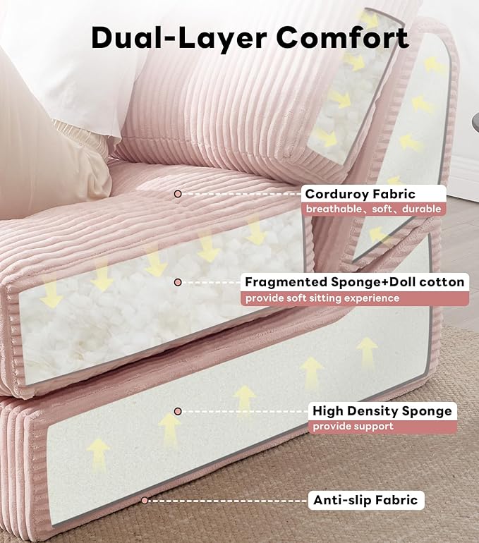 Tbfit 35.8'' Folding Sofa Bed, Convertible Sleeper Chair with Large Pillow, Corduroy Folding Couch Bed, Portable & Foldable Mattress Boneless Floor Single Sofa for Living Room, Bedroom, Office, Pink