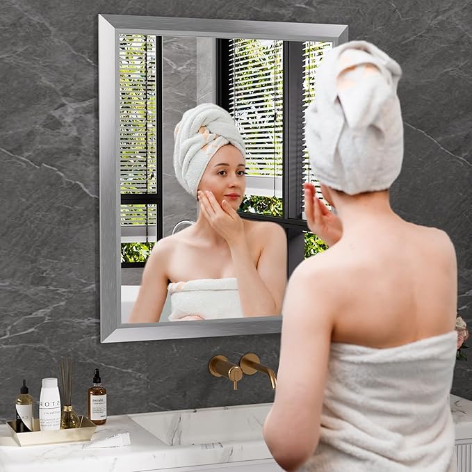 Amorho 24x30 Inch Bathroom Mirror Silver, Thick Metal Framed Wall Mirrors