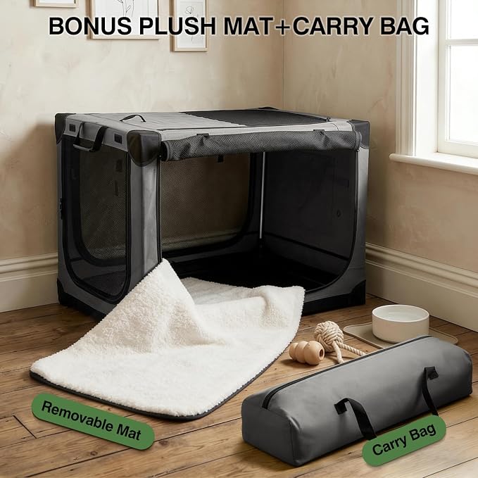 Veraste 33" Soft Collapsible Travel Dog Crate for Medium Large Dogs,Grey | 4-Door Foldable Travel Crate,breathable mesh, foldable with storage bag