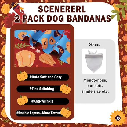 SCENEREAL Thanksgiving Dog Bandanas 2 Pack, Puppy Fall Orange Turkey Triangle Bibs Handkerchief, Reversible Holiday Dog Bandana for Boy and Girl, Premium Pet Scarf for Small Medium Large Dogs XL