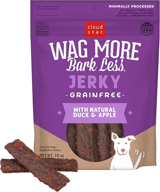 Cloud Star Wag More Bark Less 10 oz Grain Free Jerky Dog Treats with Duck & Apple