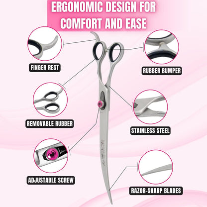 Kenchii Love Left Handed Dog Grooming Scissors, 9 Inch Curved Shears, Dog Scissors for Grooming, Professional Pet Grooming Scissors, Ergonomic & Comfortable