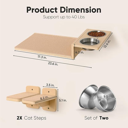 FUKUMARU Cat Wall Shelves, Food Station with 2 Steps | 3 in 1 Cats Walls Furniture Set, Birch Plywood Perch, Suitable for Kitten Play, Nap, Eat, DIY Wall Jungle Gym