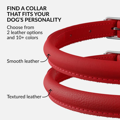 CollarDirect Rolled Leather Dog Collar, Soft Padded Round Puppy Collar, Handmade Genuine Leather Collar Dog Small Large Cat Collars 13 Colors (13-16 Inch, Red Smooth)