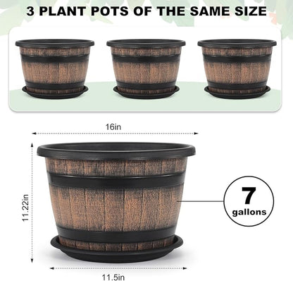 Quarut Large Plastic 3 Pack16 inch Plant Pots,Whiskey Barrel Planters with Drainage Holes & Saucer.Flower Pots Imitation Wine Barrel Design for Indoor & Outdoor Garden Balcony Plants.7 Gallons(Brown)