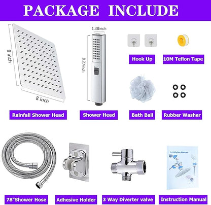 8"High Pressure Square Rain Shower Head and 2-in-1 Hand Shower.Equipped