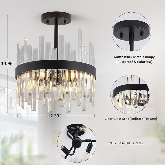 Black Semi Flush Mount Ceiling Light Fixture, Foyer Kitchen Lighting Fixtures Ceiling Modern Hallway Light Fixtures Ceiling Mount Lights for Bedroom, Bathroom, Laundry Room, Entryway, Hallway