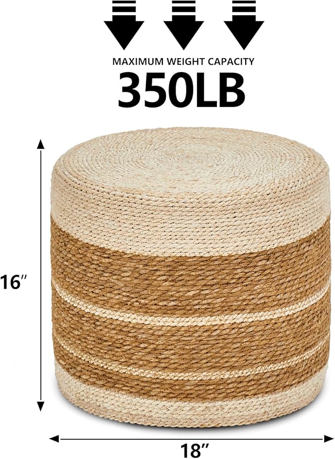 Wimarsbon 18'' Ottoman Pouf, Natural Braided Poof, Rustic Handweave Lounge Pouffe, Boho Footrest Stool for Bedroom, Accent Table or Seat for Living Room
