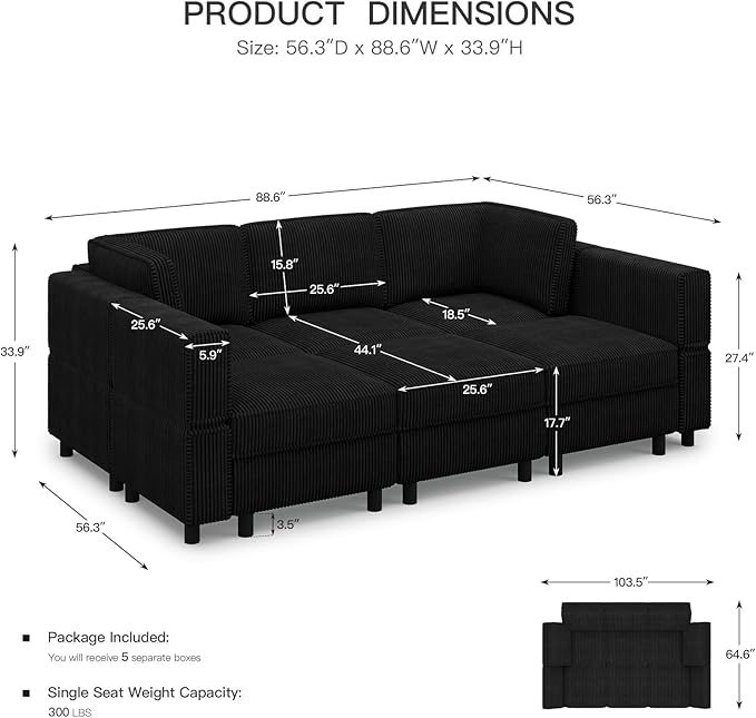 Modular Sectional Sofa 6 Seat Corduroy Sectional Sofa with Storage Ottoman, Comfy Modular Couch Sleeper Sofa Bed, Sectional Couches for Living Room, Black