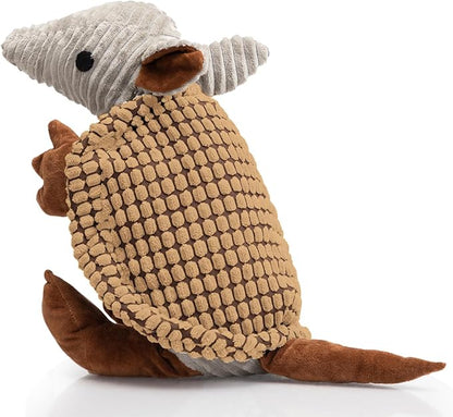 Hollypet Plush Dog Squeaky Toy Stuffed Armadillo Animal Pet Puppy Chew Toys with Clean Teeth for Small Medium Large All Breed Sizes Dogs, Light Brown, 10 in