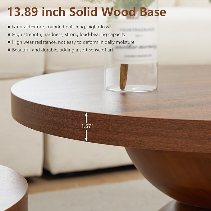 Solid Wood Round Nesting Coffee Table Set of 2, Circle Accent Tables with Unique Semi-Circular Legs, Modern Farmhouse Side End Table Set for Small Space Living Room Office (Walnut)
