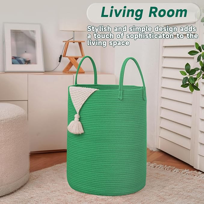 Large Woven Laundry Basket Hamper,80L Cotton Rope Storage Bin for Blankets,Toys and Clothes,Decorative Tall Nursery Hamper for Living Room,Baby Nursery,Bathroom and Bedroom,Dark Green
