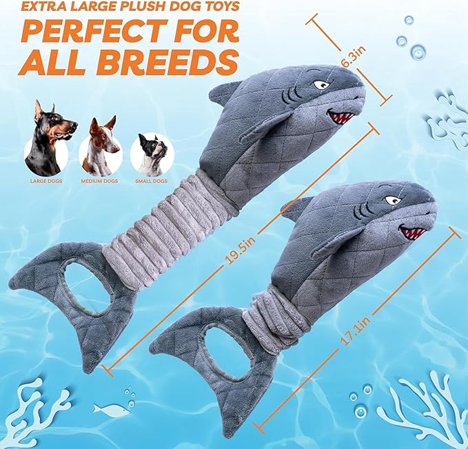 LEGEND SANDY Dog Toys for Large Dogs, Dog Chew Toys to Keep Them Busy, Interactive Squeaky Pet Toys, Tug of War, Crinkle Grey Shark