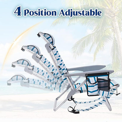 Canpsky Portable Beach Chair for Adults, Outdoor Camping Chair Lay Flat Folding Backpack Beach Reclining Chair with 5 Positions, Headrest, Cup Holder, Heavy White Striped