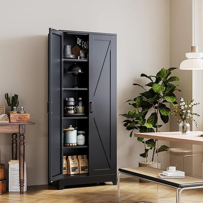 Black Tall Farmhouse Metal Pantry Linen Storage Cabinet and Organizers