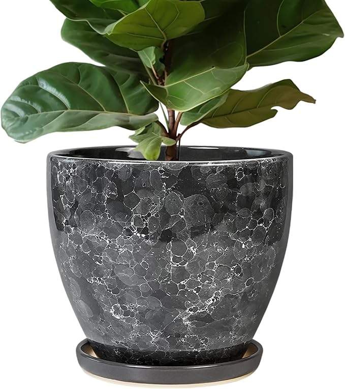 Ceramic Pots for Plants - 10 Inch Planter for Indoor Outdoor, Decorative Round Flower Pot with Drainage Hole and Saucer, Garden Patio Living Room Home Decor, Housewarming Gifts, Grey