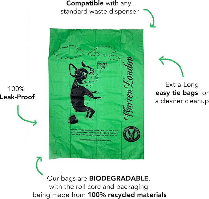 Warren London Poop Bags For Dogs & Pets | Earth Friendly Dog Poop Bags for Cleaning Pet Waste | Boston Terrier French Bulldog Pug | Box of 18 Rolls