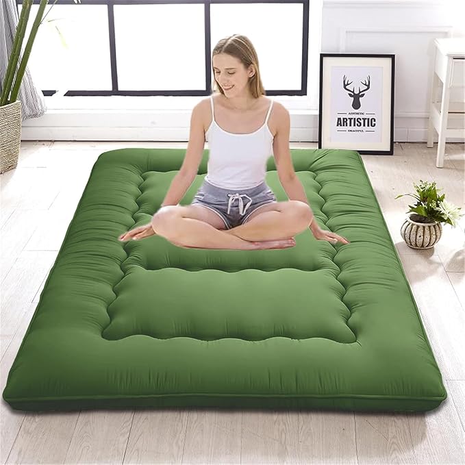 Japanese Floor Mattress,Thicken Japanese Floor Sleeping Pad Foldable,Roll Up Tatami Mat Easy to Store and Portable,Futon Mattress Suitable for Camping and Guest Room (greens, Full (80" X 47"))