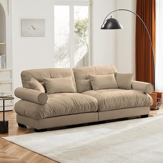 93.7” Loveseat Sofa, 2 Seater Modular Sectional Sofa, Camel Large Sectional Couches for Living Room, Fluffy Couch Set, Love Seat, Velvet Cloud Couch with 4 Pillows, Deep Seat Sofas for Living Room