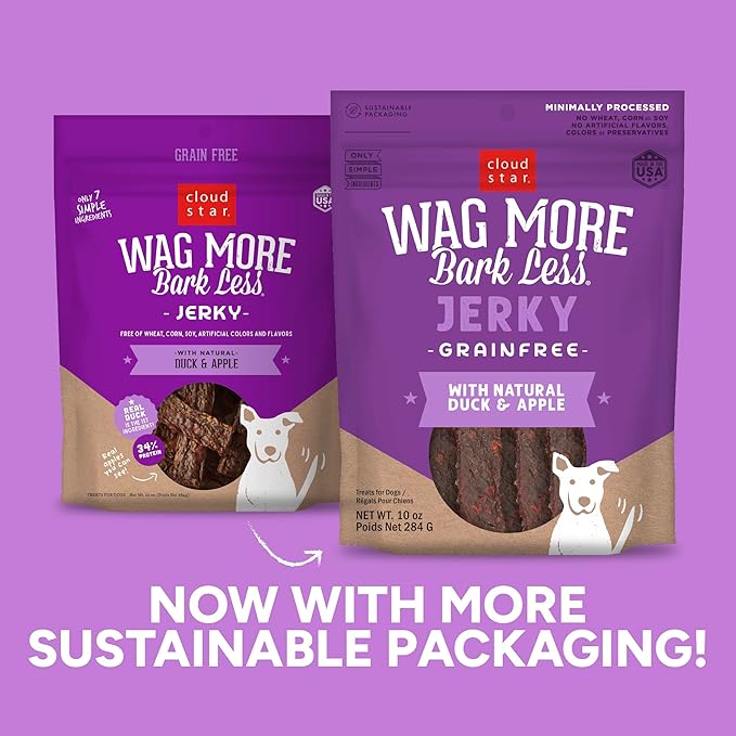 Cloud Star Wag More Bark Less 10 oz Grain Free Jerky Dog Treats with Duck & Apple